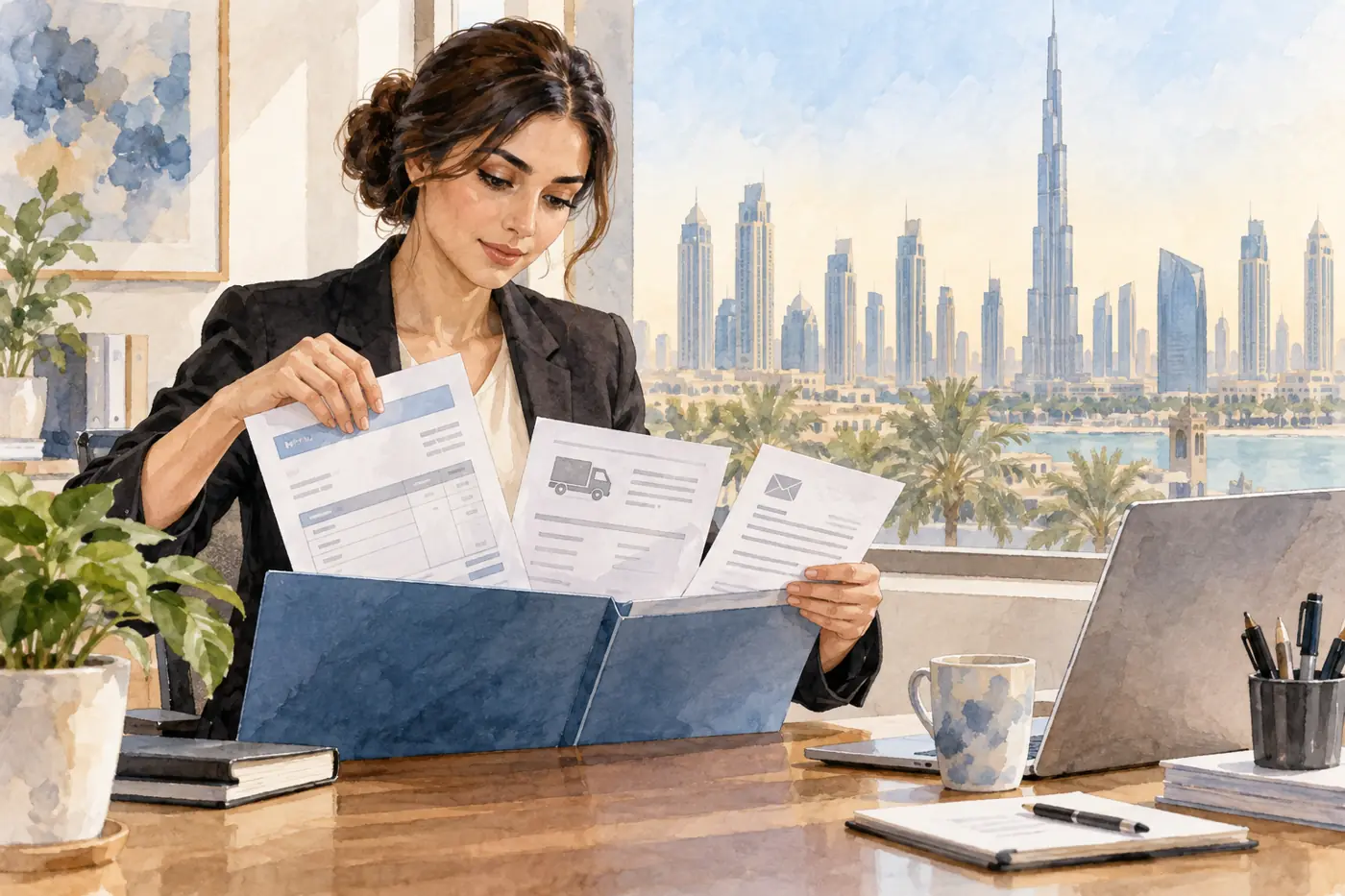 Watercolour illustration of a professional organising business documents at a Dubai office desk