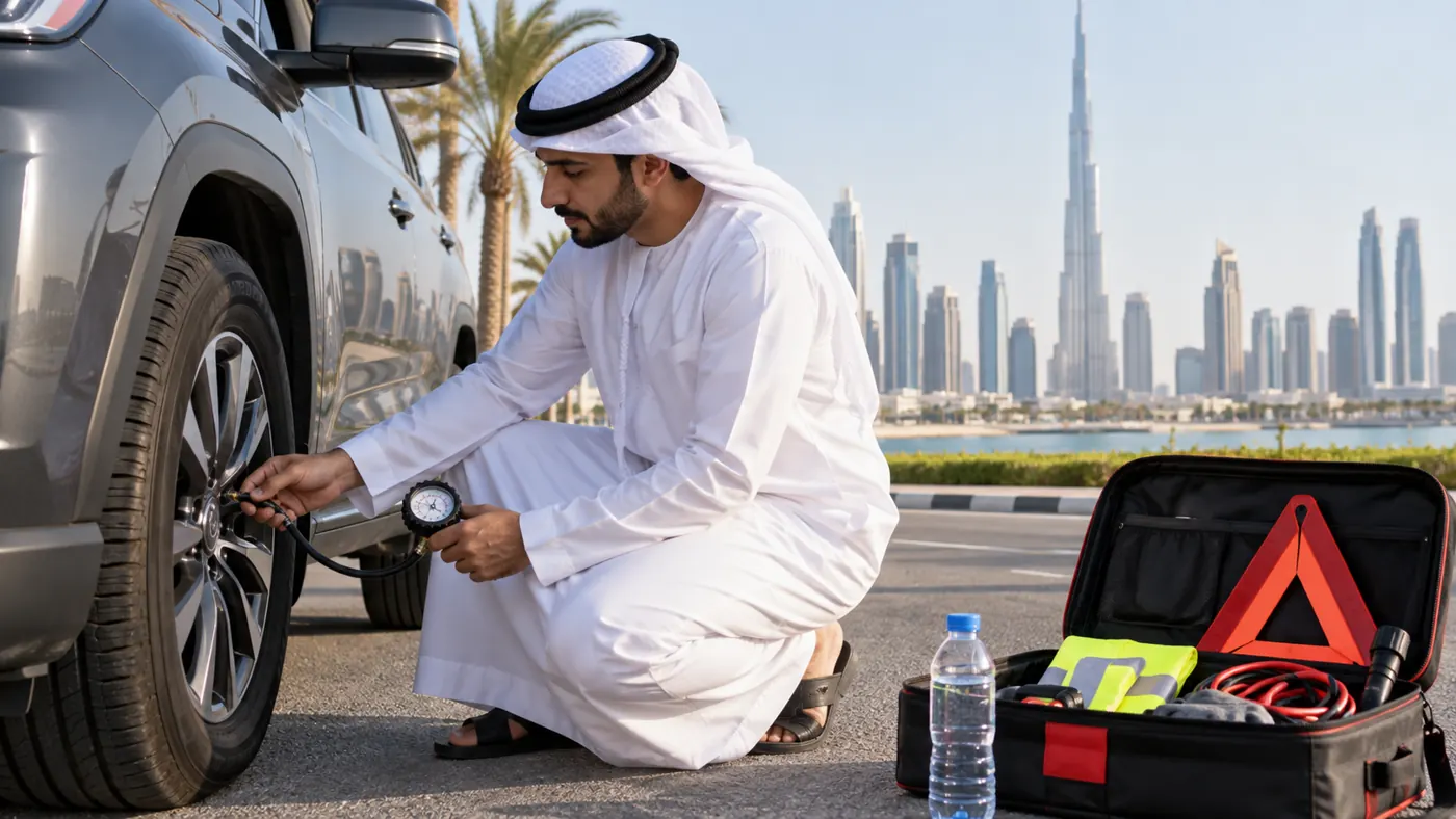 Dubai driver checking tyre pressure beside a car safety kit