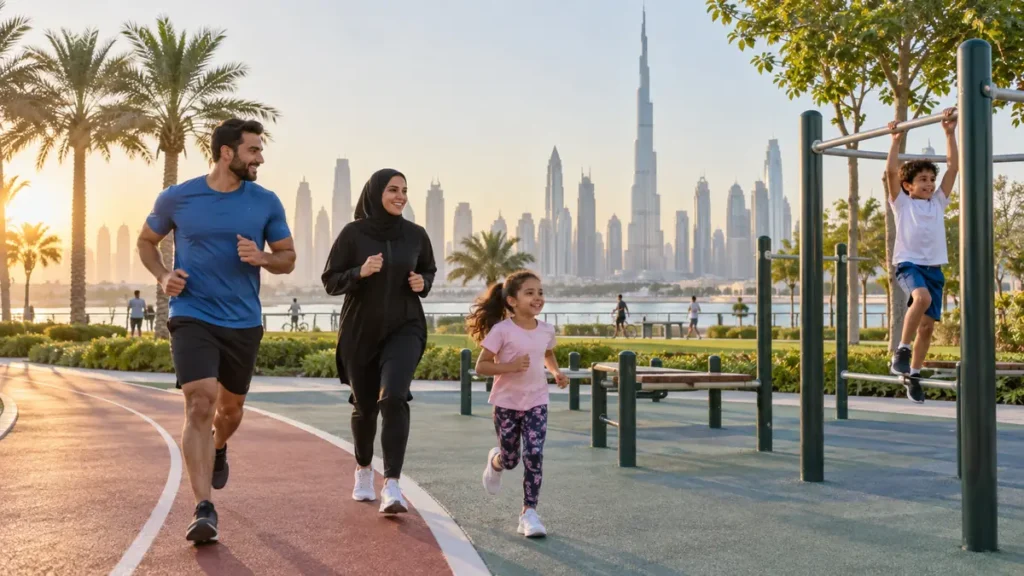 Family exercising together at a public community sports area in Dubai