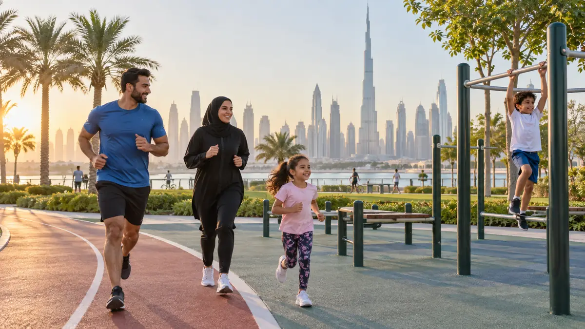 Family exercising together at a public community sports area in Dubai