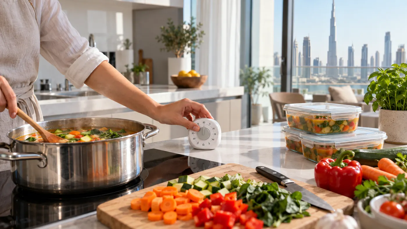 Freshly cooked food being portioned and cooled in a Dubai kitchen
