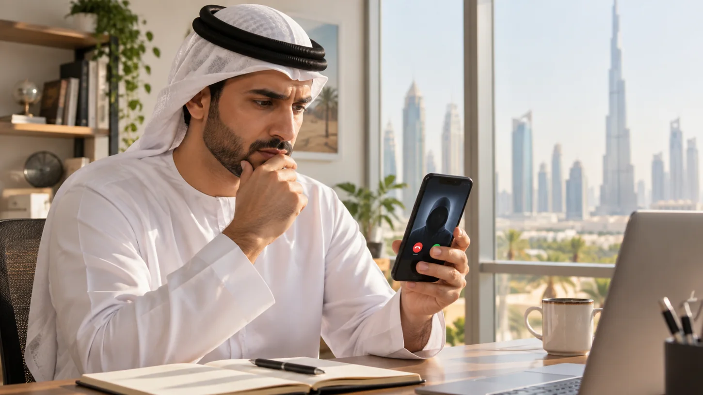 Dubai resident pausing before responding to a suspicious video call