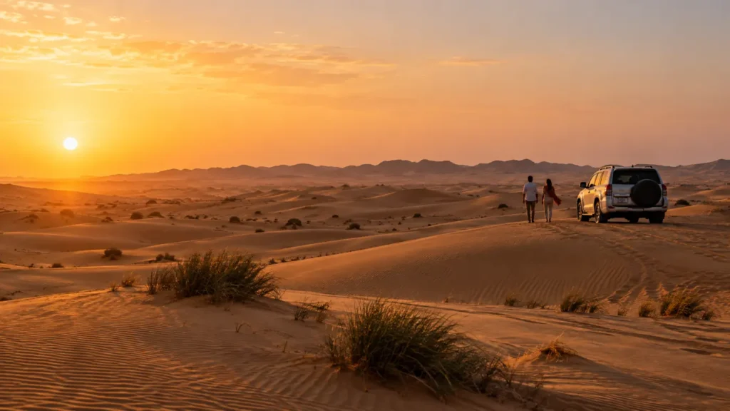 Golden Dubai desert dunes with a parked 4x4 at sunset