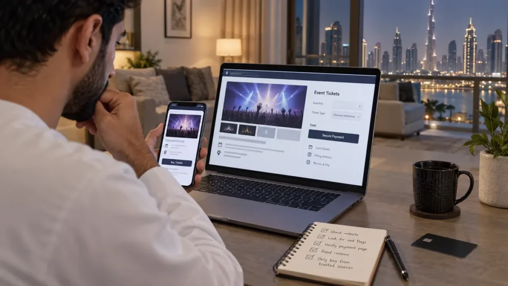 Dubai resident checking an event ticket website for scam warning signs before paying