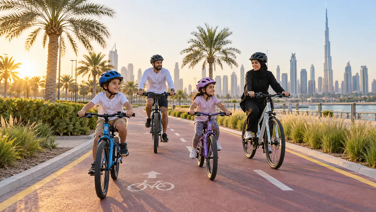 Family wearing helmets while cycling on a dedicated track in Dubai