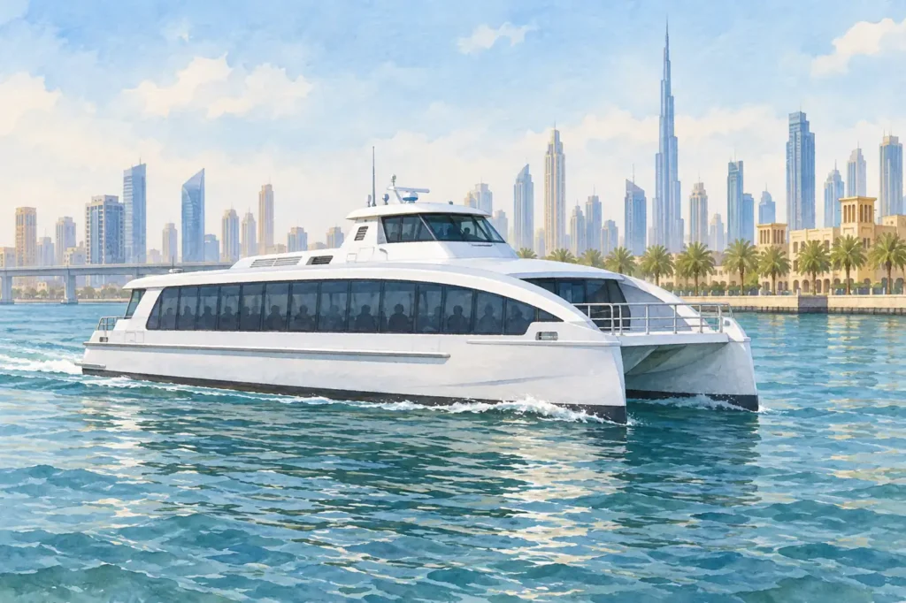 Watercolour illustration of a modern enclosed passenger ferry on Dubai waterways