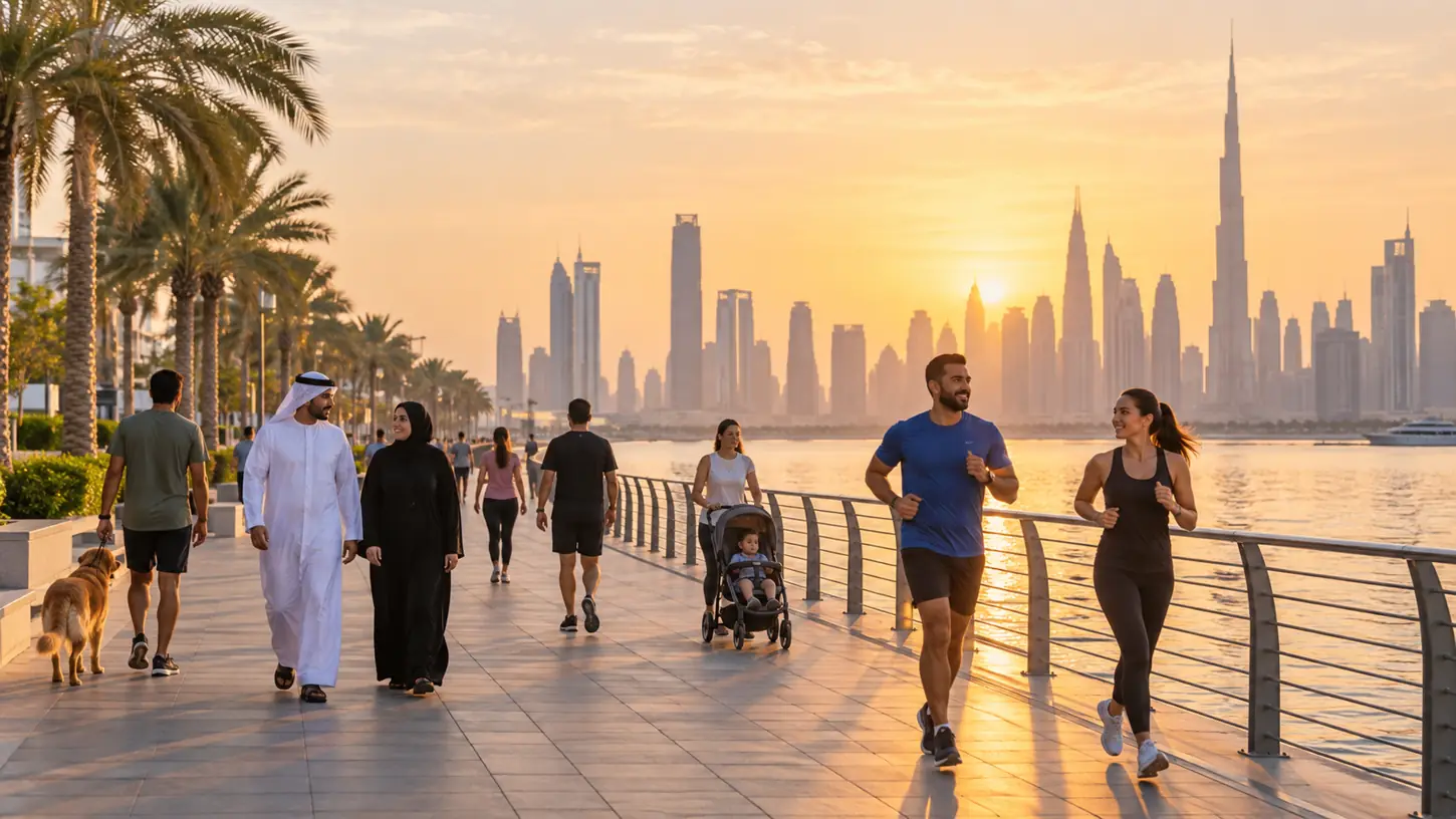 Residents walking and jogging along a Dubai waterfront promenade