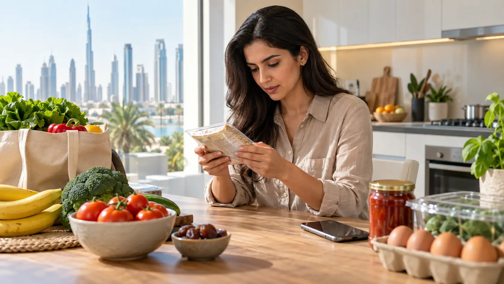 Dubai shopper checking a packaged food label at a kitchen table