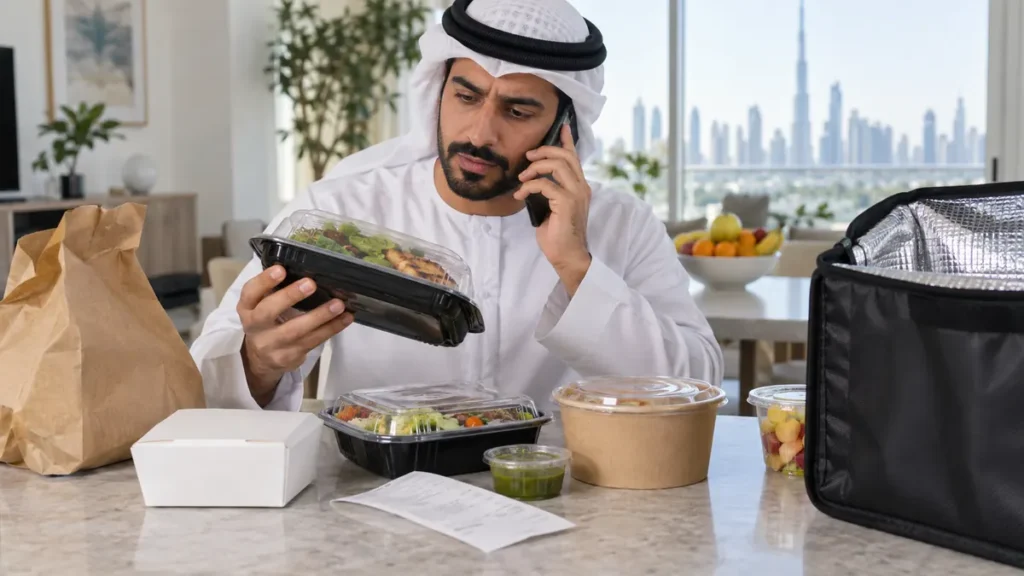 Dubai resident checking a takeaway food order before reporting a safety concern