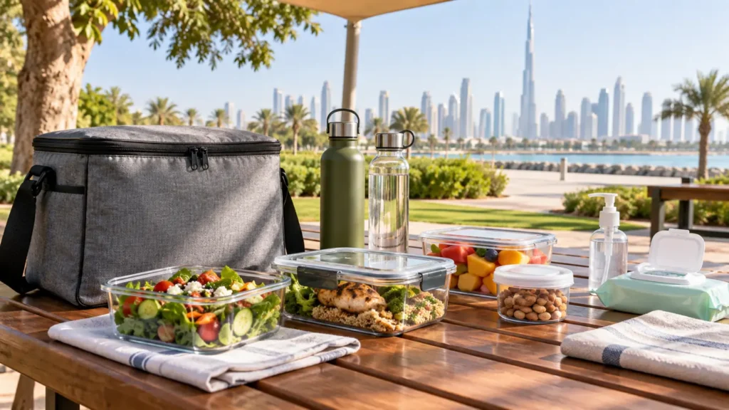 Shaded Dubai outdoor picnic table with safely packed takeaway food
