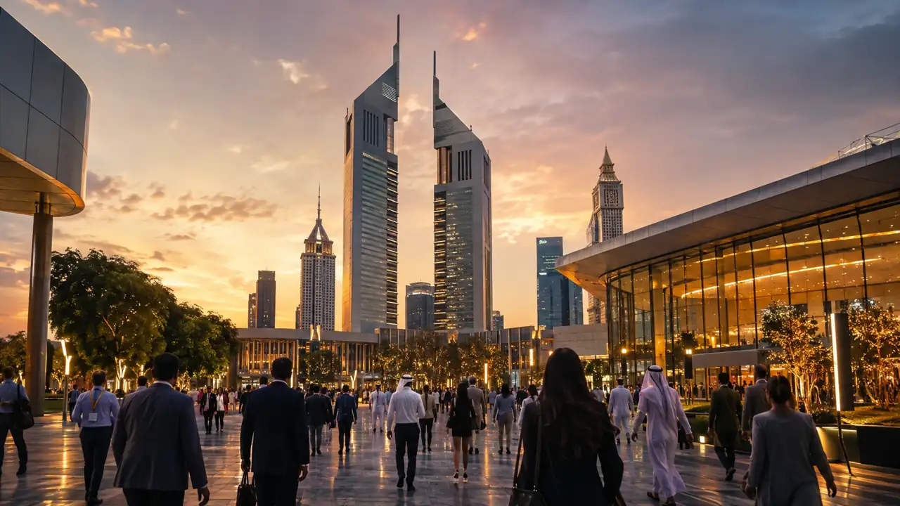 Business visitors arriving in central Dubai for Dubai Future Week