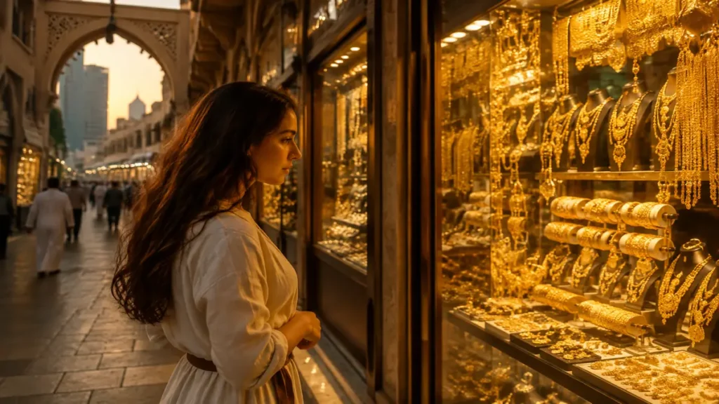 Visitors exploring a modern Dubai jewellery district with gold-inspired design