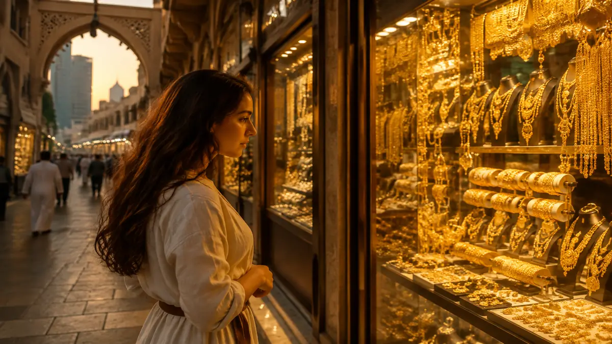 Visitors exploring a modern Dubai jewellery district with gold-inspired design