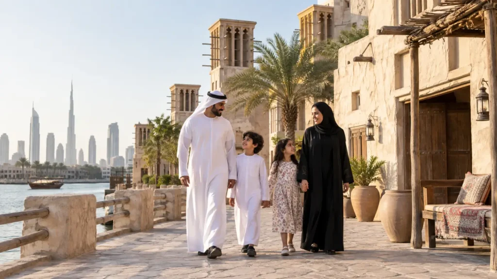 Family walking through Dubai heritage architecture by the waterfront