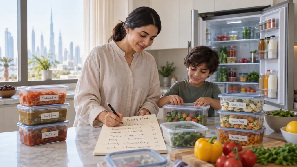 Dubai family organising labelled food containers in a home freezer
