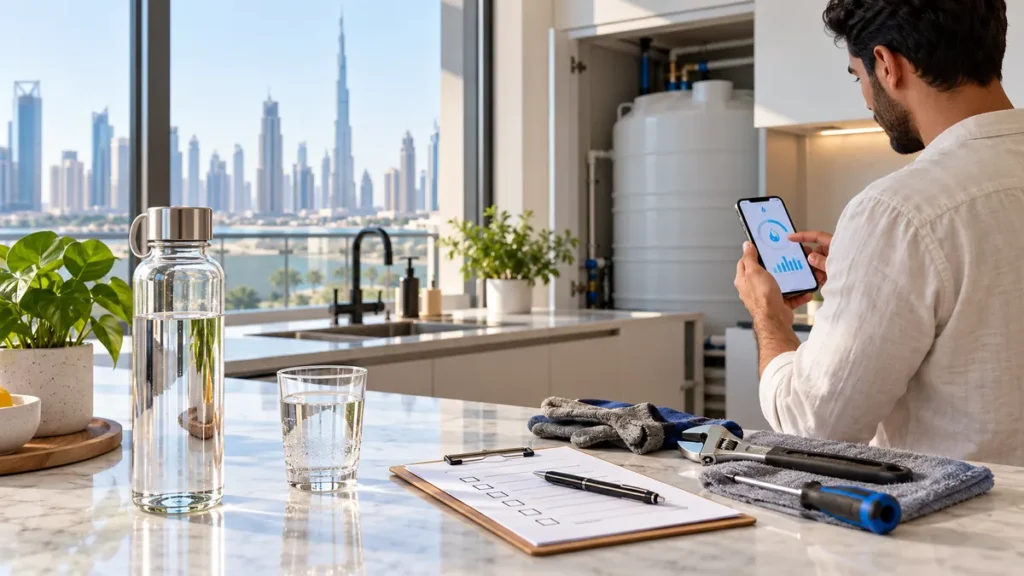 Dubai resident checking home water use beside a clean water bottle, maintenance tools and a household water tank
