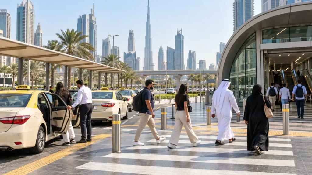 Dubai taxi rank beside a Metro entrance with safe pedestrian crossings