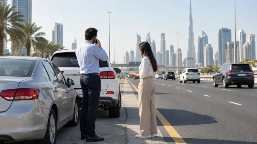 Drivers safely reporting a minor vehicle collision beside a Dubai road