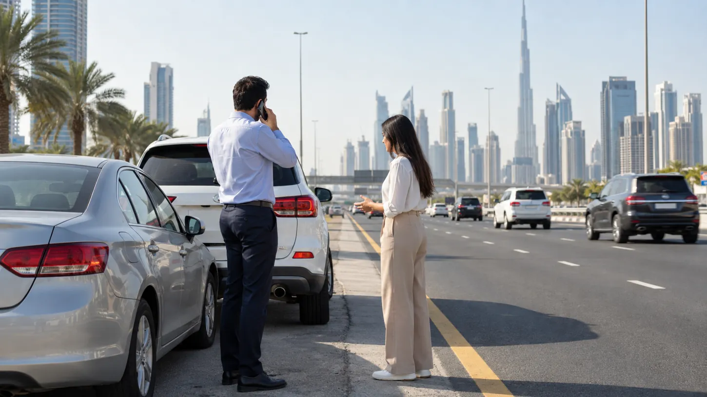 Drivers safely reporting a minor vehicle collision beside a Dubai road