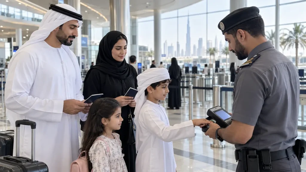 Family completing a mobile passport verification check at Dubai airport