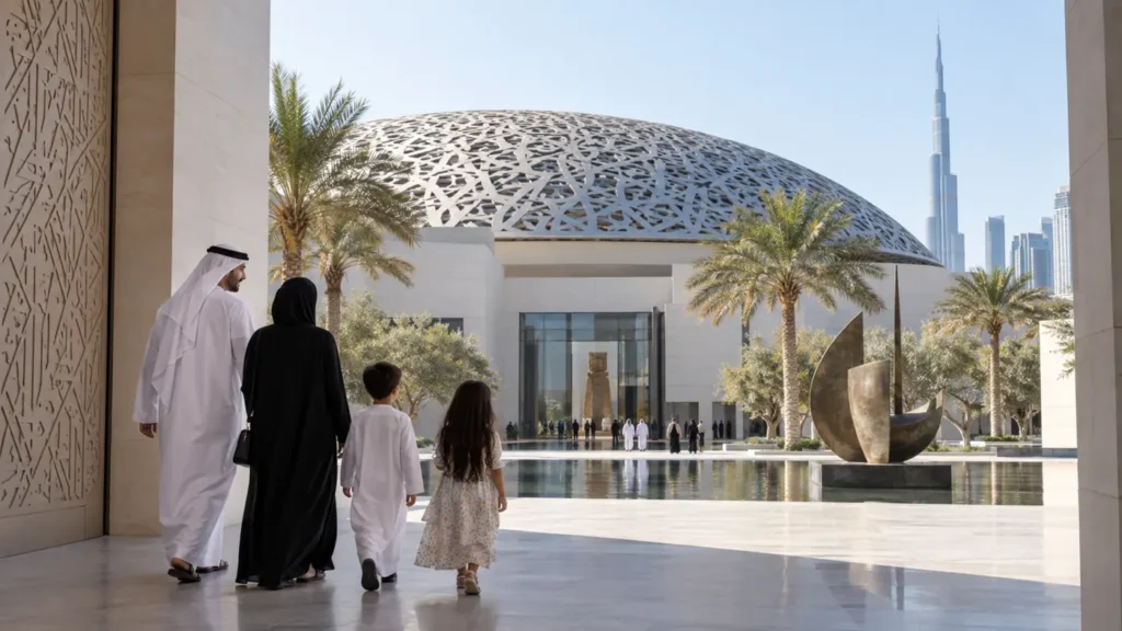 Family planning a Dubai museum visit in a modern museum courtyard