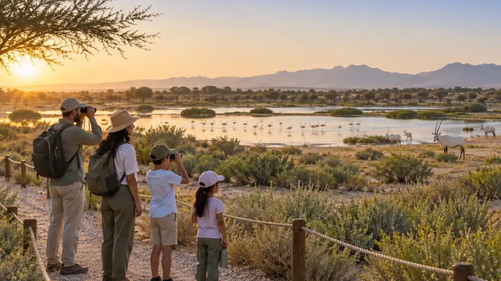 Family observing flamingos and Arabian oryx from a marked trail in a Dubai nature reserve
