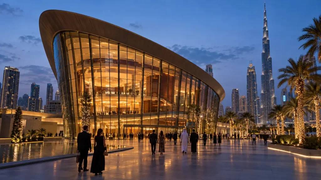 Modern Dubai theatre at blue hour