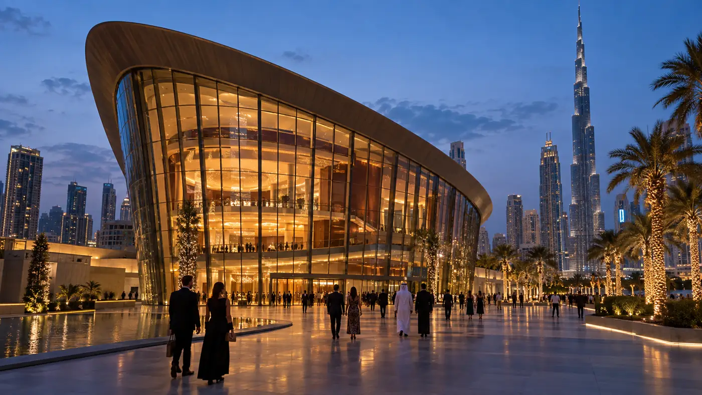 Modern Dubai theatre at blue hour
