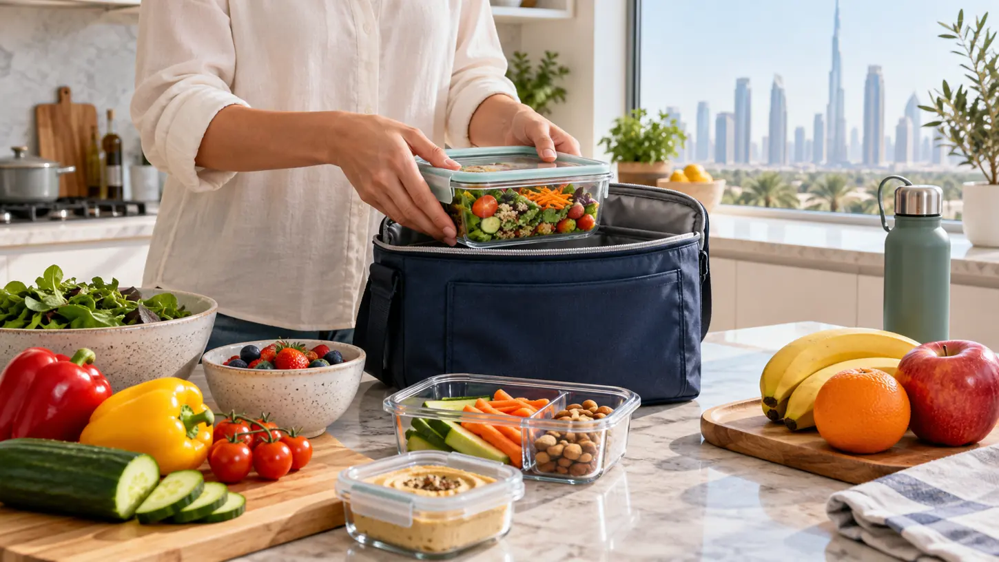 Fresh packed lunch being placed into an insulated cooler bag in a Dubai kitchen