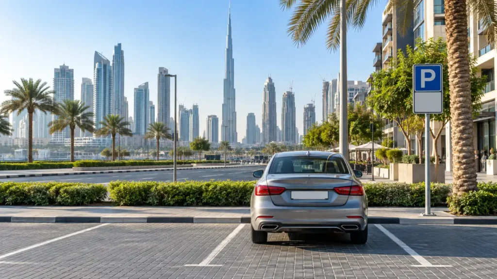 Dubai public parking bay with a correctly parked car and city skyline