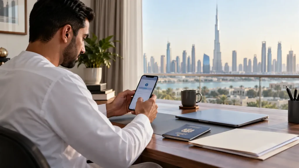Dubai resident using a smartphone for a police clearance certificate application