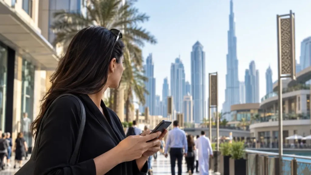Dubai resident using a phone to report suspicious activity from a safe distance in a public area