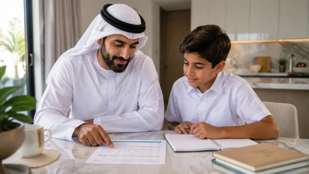 Parent and child checking a Dubai private-school calendar together