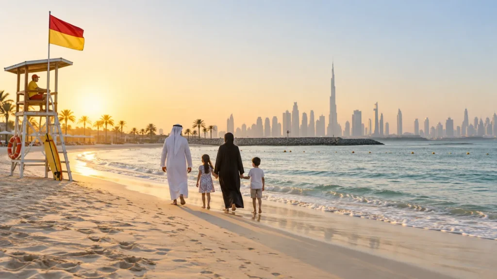 Family walking beside a lifeguard stand on a Dubai public beach