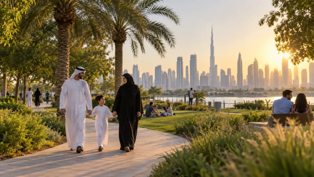 Families walking through a shaded Dubai public park