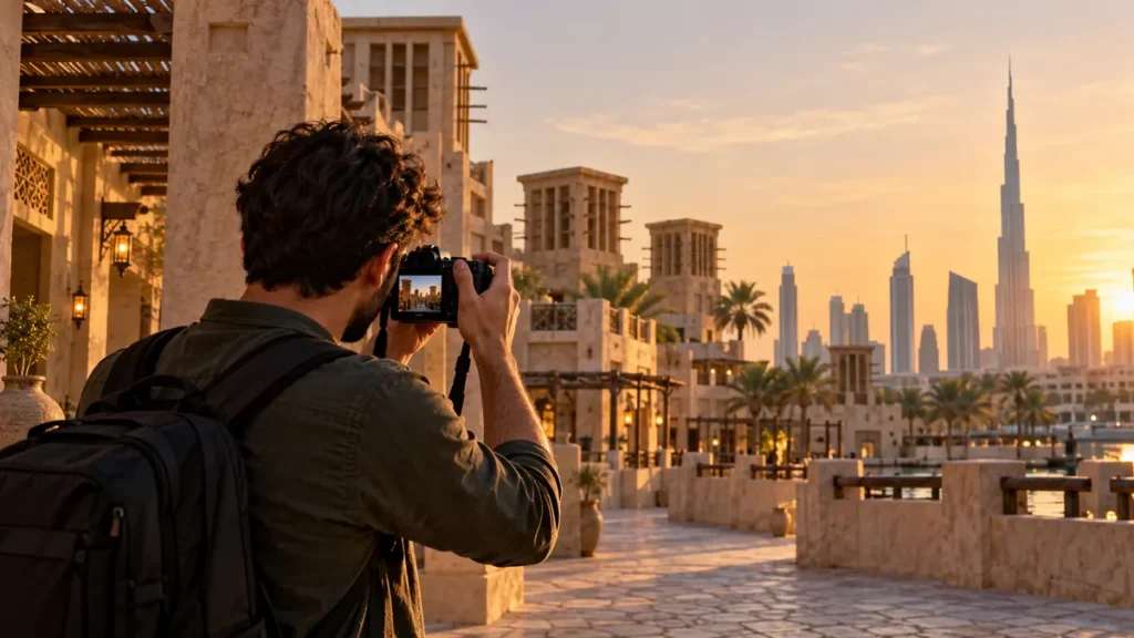 Photographer taking an architectural photo in a Dubai heritage district without identifiable people in the frame