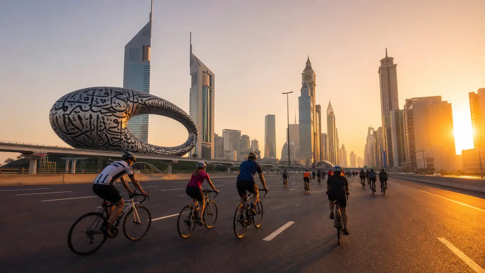 Cyclists riding on Sheikh Zayed Road during Dubai Ride 2026