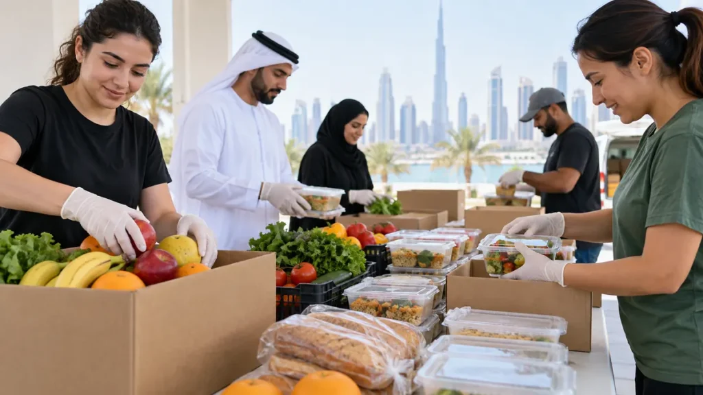 Volunteers safely packing fresh surplus food into clean containers in Dubai