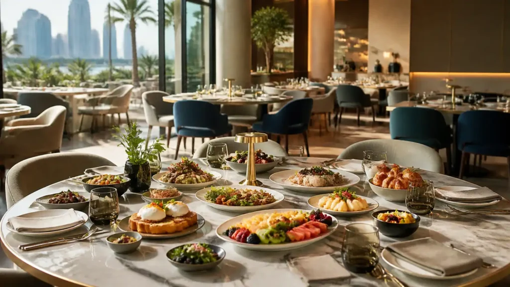 Elegant Dubai restaurant brunch table with a colourful shared menu