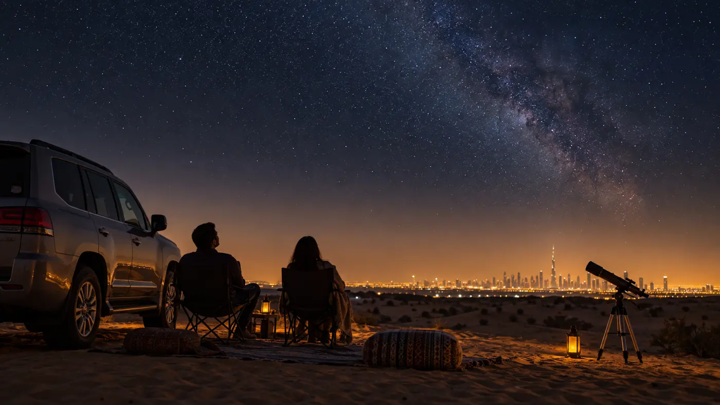 Stargazers beside a telescope looking at Dubai night sky from a safe desert viewing area