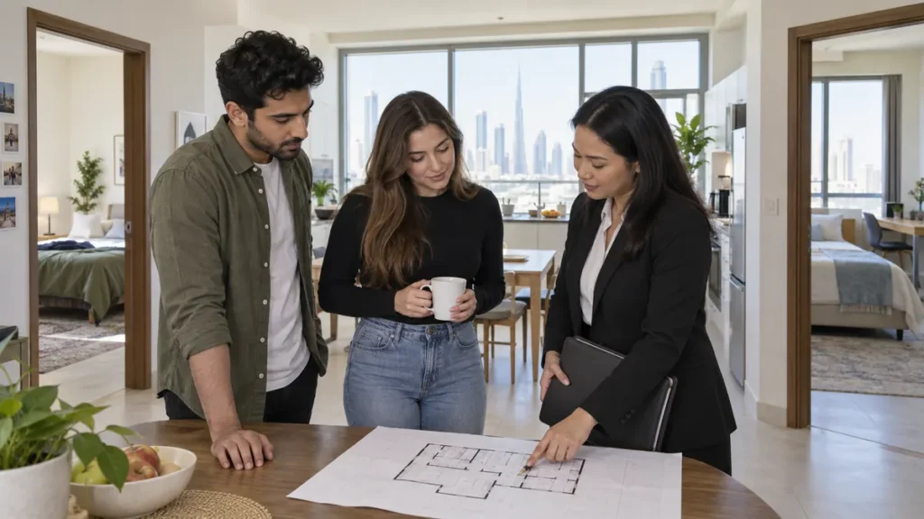 Dubai tenants and property manager reviewing a shared apartment floor plan