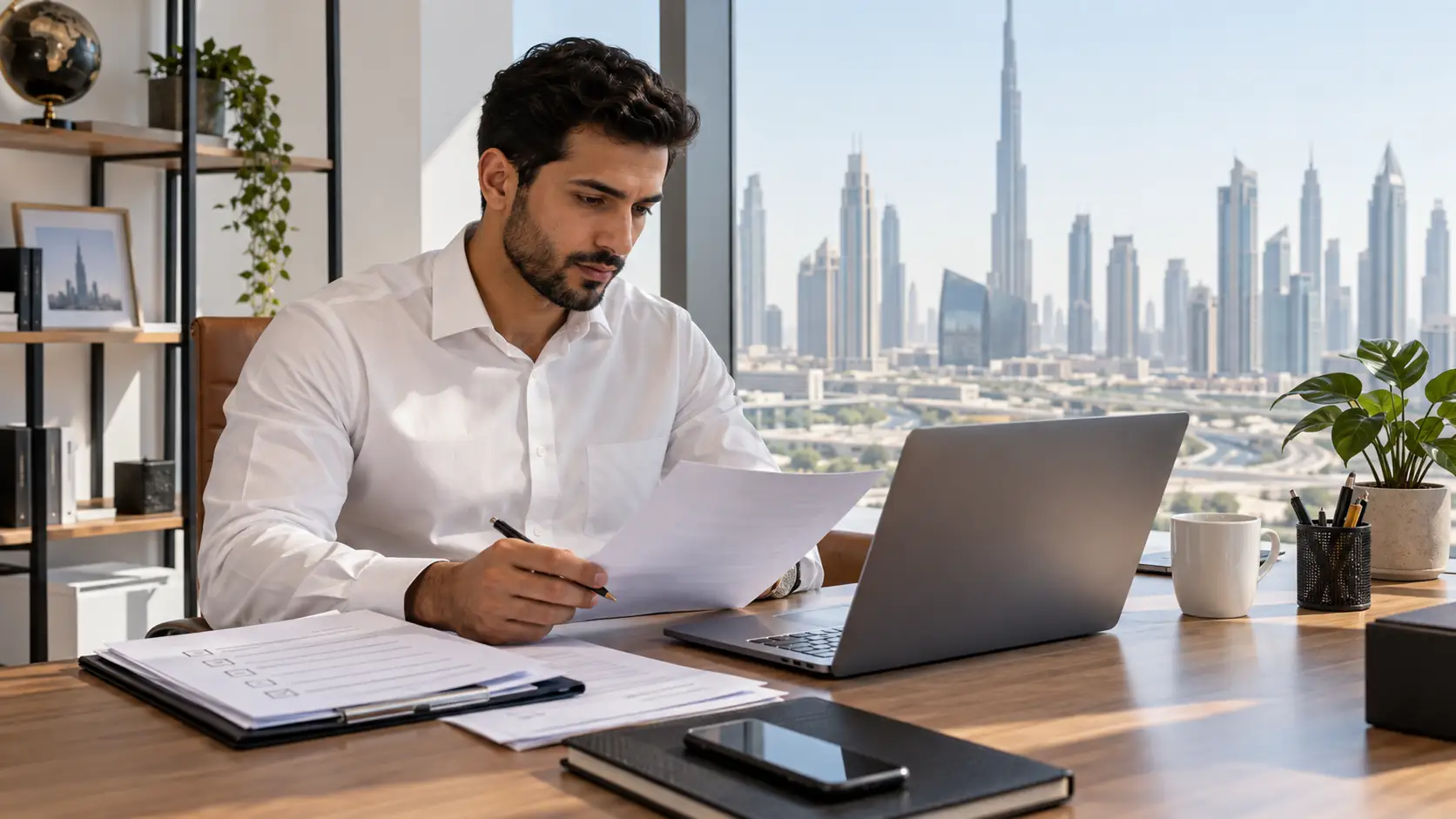 Dubai small-business owner reviewing licence-renewal documents at a desk