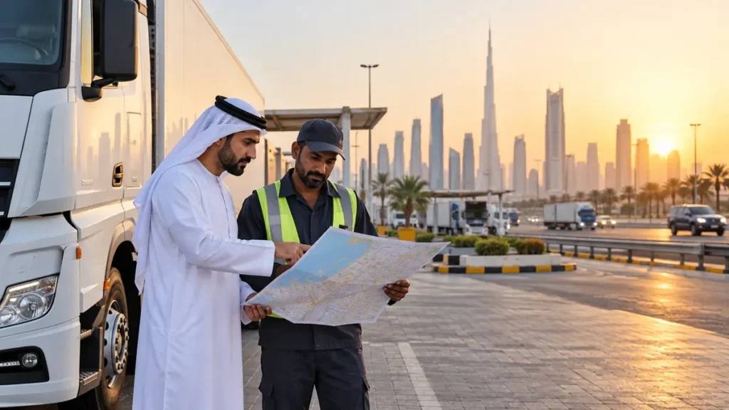 Dubai logistics manager and truck driver reviewing a road route map beside a heavy vehicle at a designated rest area