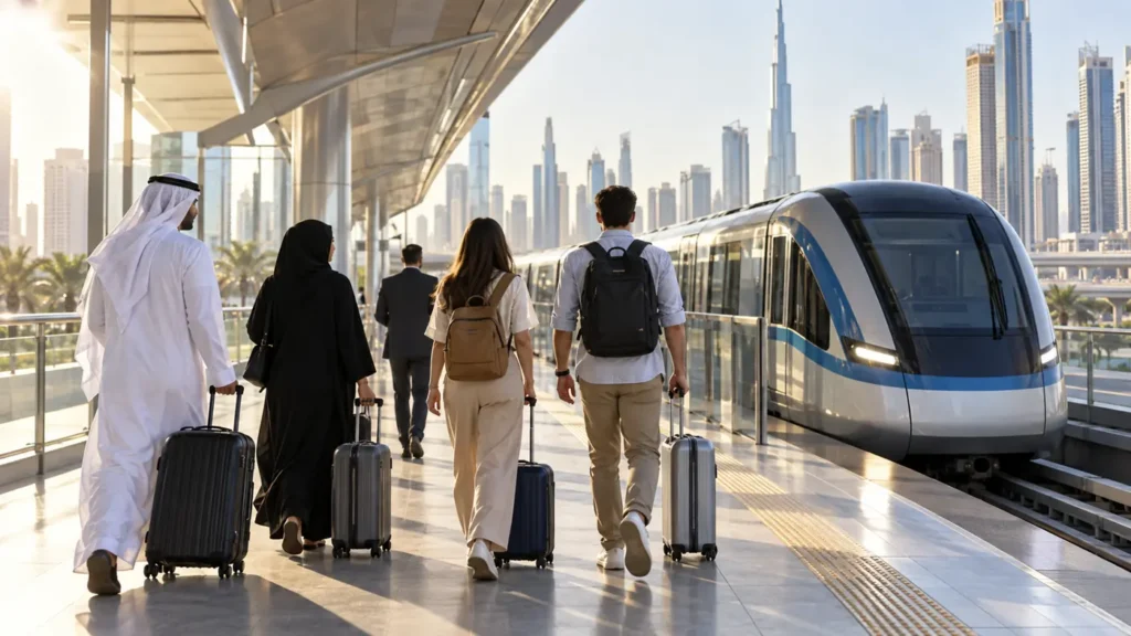 Passengers with luggage walking toward a modern rail platform in Dubai
