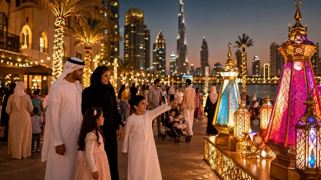 Families enjoying lantern-inspired Festival of Lights decorations in Dubai