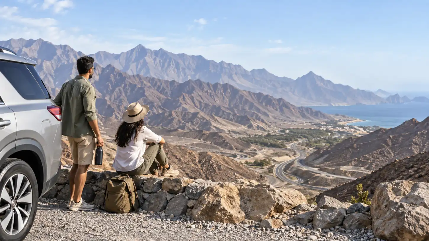Travellers viewing Fujairah’s mountain and coast scenery from a safe roadside stop
