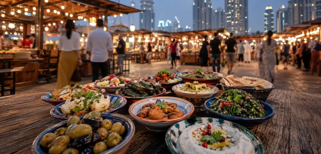 Dubai multicultural street-food market at night