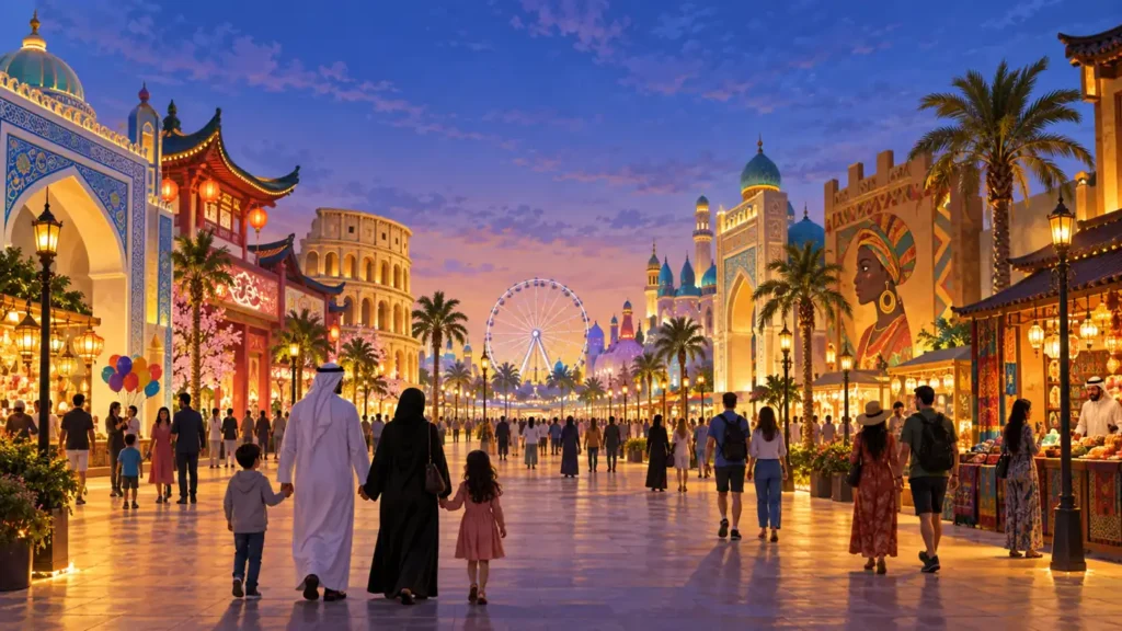 Illustration of families exploring illuminated multicultural pavilions and a Ferris wheel at dusk