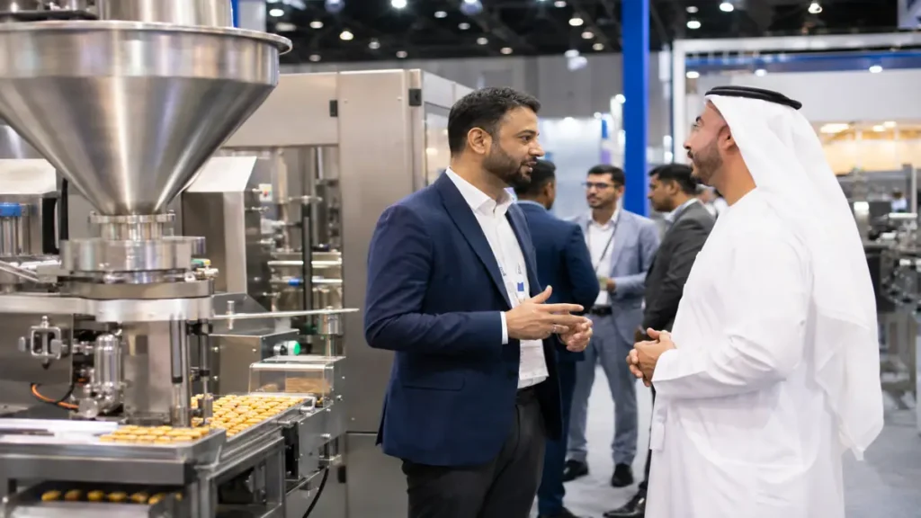 Food manufacturing professionals meeting at a Dubai trade exhibition