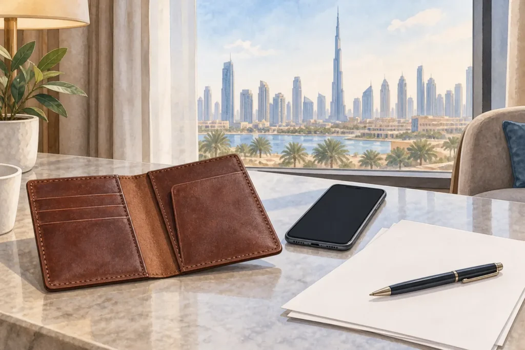 Watercolour illustration of an empty passport wallet, blank documents and phone beside a Dubai window